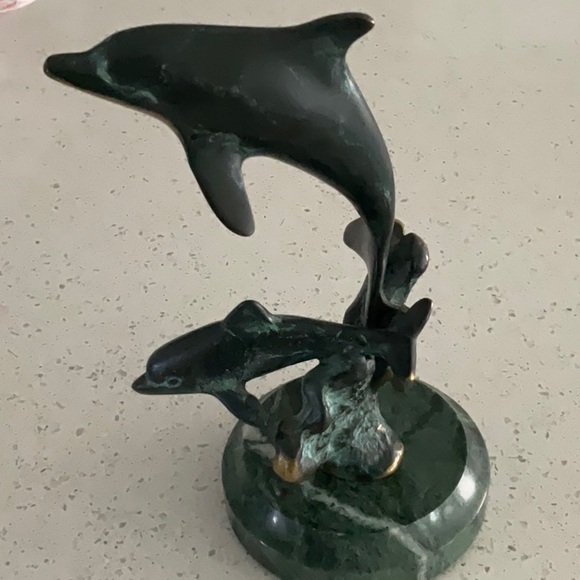 Brass & Onyx Double Dolphin Sea Art Sculpture - Picture 3 of 9
